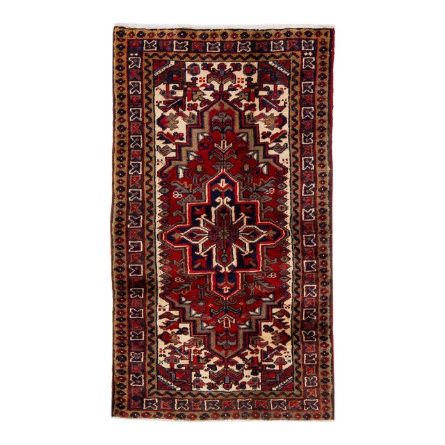 1960s Vintage Persian Heriz Red Handmade Medallion Wool Rug For Sale