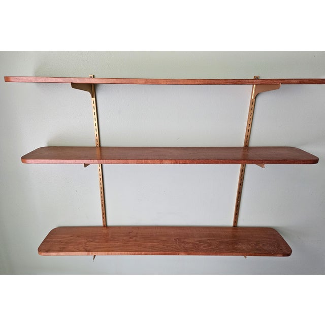 Vintage 1970s Three Tier Open Hardwood Wall Mount Shelves W Adjustable Bracket Brass Rails For Sale - Image 4 of 10
