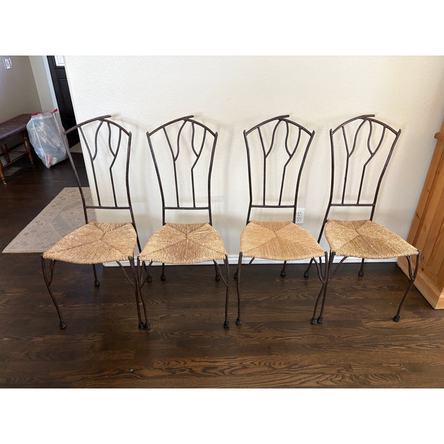 Set of Four Vintage Faux Bois Twig Iron Chairs With Woven Seats For Sale - Image 4 of 6