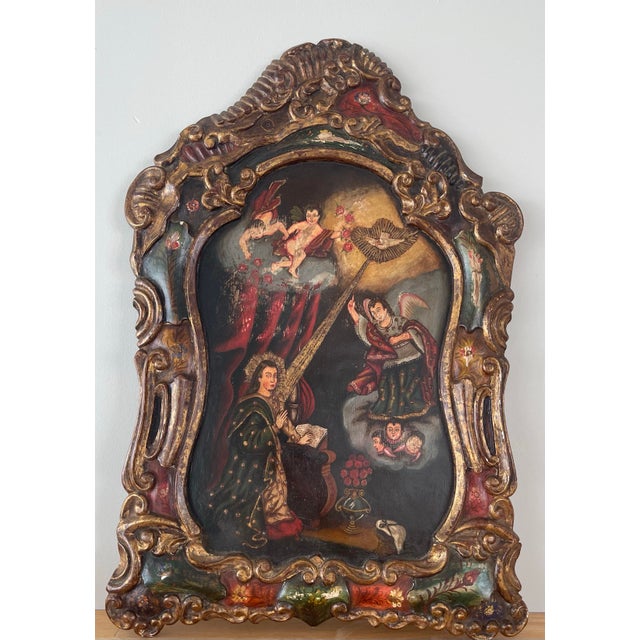 A rare and highly decorative pair of Peruvian Colonial painted wooden panels, dating to the late 18th to early 19th...