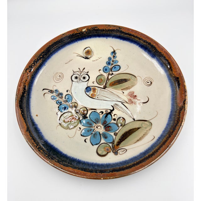 Ceramic 1950s Folk-Art Ken Edwards Tonala Pottery Hand Painted Owl Serving Chop Plate For Sale - Image 7 of 7
