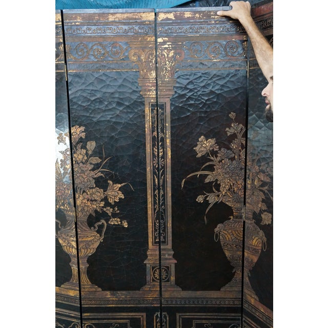 Vintage Chinoiserie Black Lacquer 8 Panel Folding Screen Room Divider 144" For Sale - Image 15 of 18