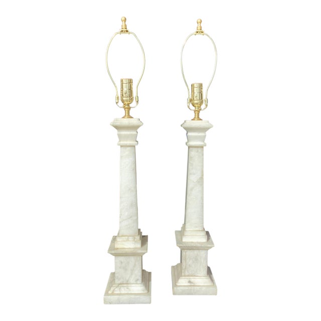 Pair of Italian Alabaster Column Lamps For Sale