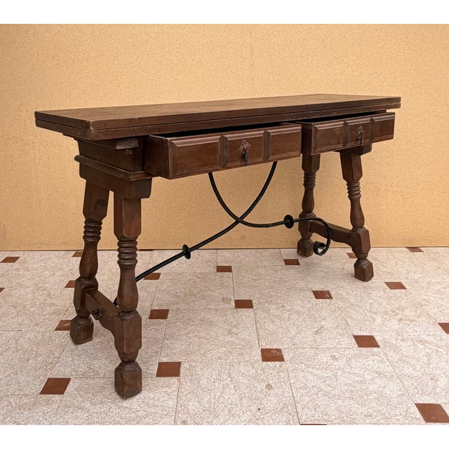 Rustic Spanish Drop-Leaf Console Table With Iron Stretchers, 1940s For Sale - Image 3 of 11