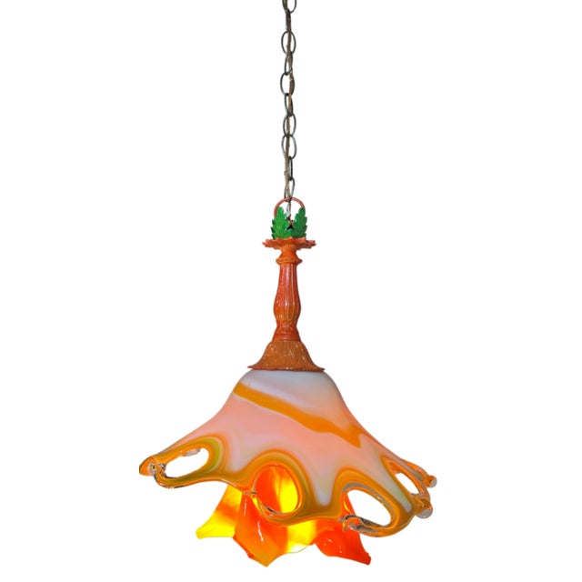 Metal Murano Art Glass Looped Abstract Orange White Pendant Light For Sale - Image 7 of 18