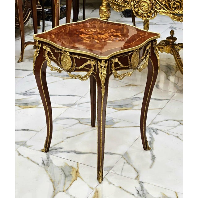 French Louis XV Inspired Side Table With Fine Marquetry & Gold Leaf Accents For Sale - Image 3 of 3