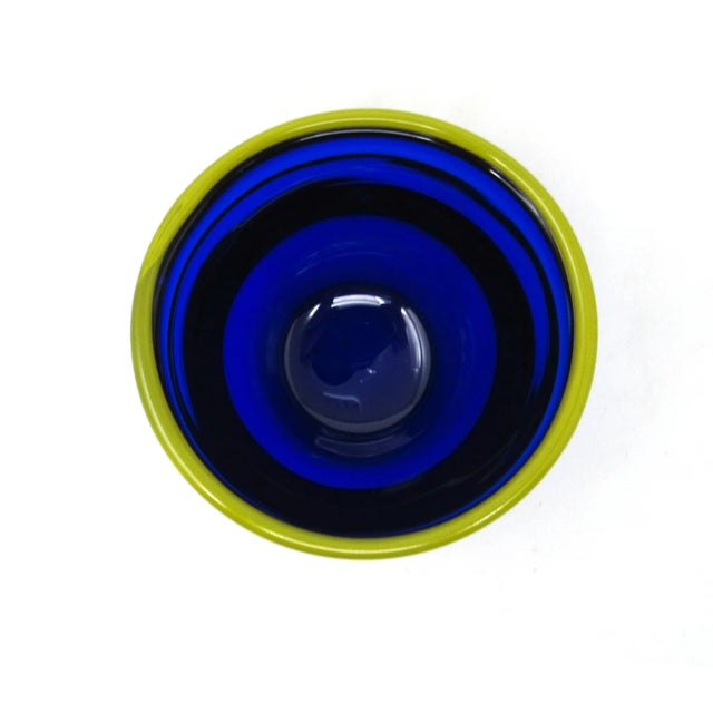 1990s Lucyna Huta Szkła Blue & Yellow Decorative Glass Bowl For Sale - Image 5 of 9