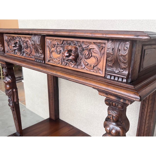 Wood 19th Century Carved Renaissance ConsoleTable With Drawers For Sale - Image 7 of 13
