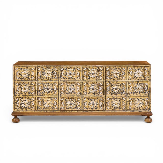 John Widdicomb Mediterranean Mid Century Treasure Chest Credenza This credenza measures: 54 wide x 16.75 deep x 22.25...