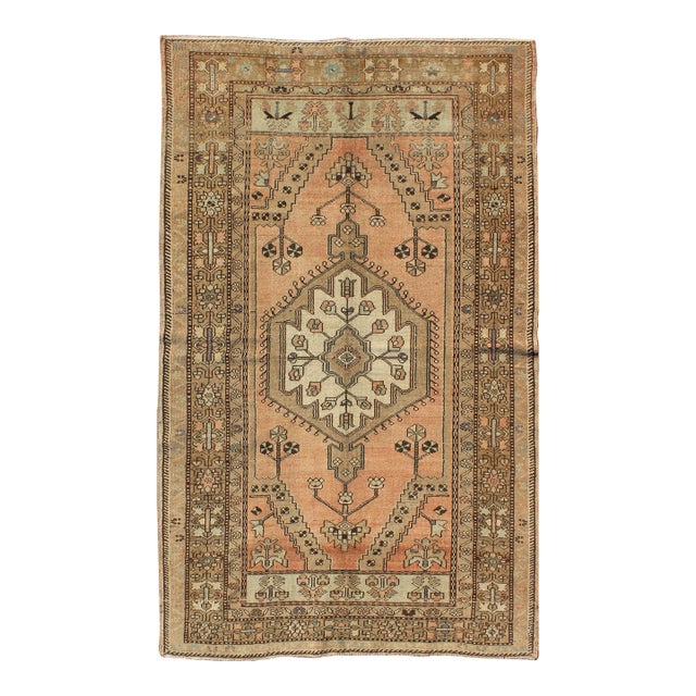 Vintage Turkish Oushak Rug in Soft Apricot, Ivory, and Brown With Medallions For Sale