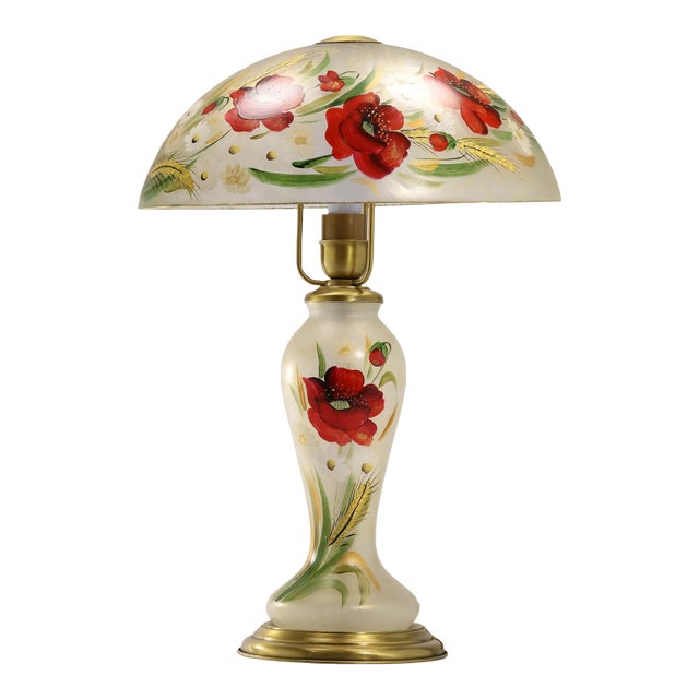 1960s Hand Painted Red Rose Glass Shade and Base Table Lamp For Sale