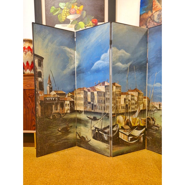 Nautical Vintage Hand-Painted Four-Panel “Port of Venice” Folding Screen For Sale - Image 3 of 12