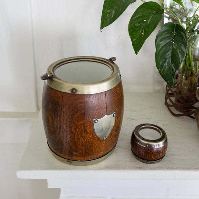 Early 20th Century Antique English Oak Porcelain Lined Silver Shield Biscuit or Tobacco Barrel For Sale - Image 5 of 11