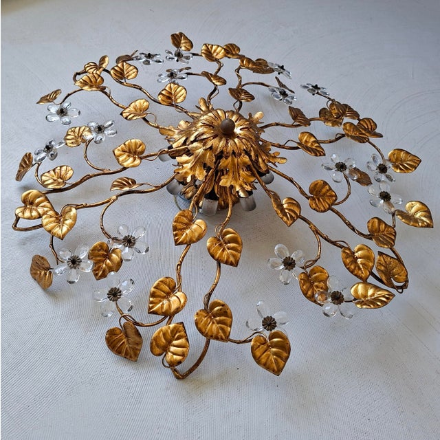 Large Gilt Metal Ceiling Lamp with Leaves and Flowers, 1960s For Sale - Image 3 of 7
