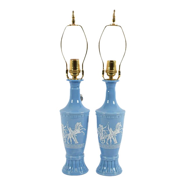 Vintage Jim Beam Blue Milk Glass Table Lamps With Greco‑Roman Chariot Reliefs, Pair For Sale