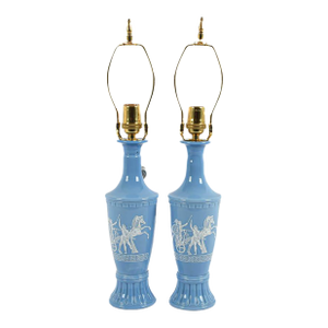 Vintage Jim Beam Blue Milk Glass Table Lamps With Greco‑Roman Chariot Reliefs, Pair