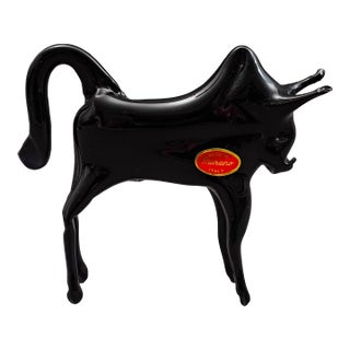 Murano Italy Vintage Black Blown Art Glass Bull Figurine Sculpture For Sale