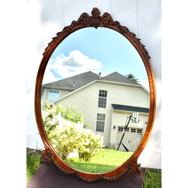 Satinwood Oval Wall Mirror Carved French Flower Basket Crest Decorative Frame For Sale In Philadelphia - Image 6 of 15