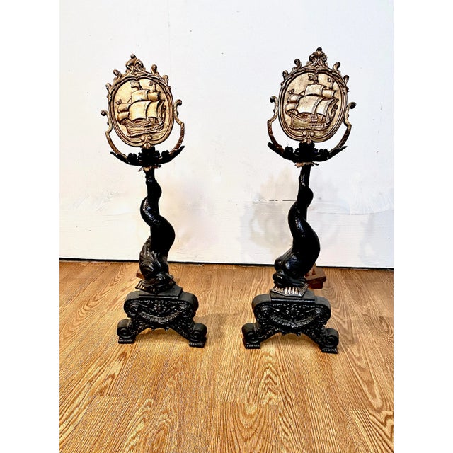 Pair American Cast Iron Dolphin Andirons For Sale - Image 10 of 11