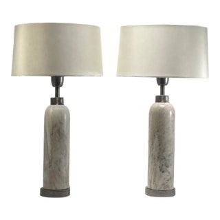 Pair of Vintage Cream Marble Column Table Lamps With Textured Gunmetal Hardware and Linen Shades For Sale