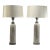 Pair of Vintage Cream Marble Column Table Lamps With Textured Gunmetal Hardware and Linen Shades For Sale