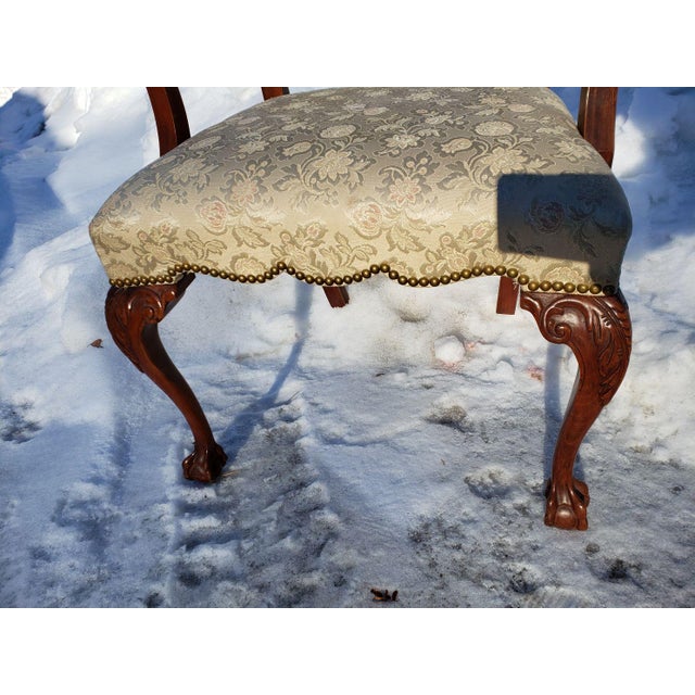 Chippendale 1920s Chippendale Style Dining Room Arm Chair Ivory Brocade Seat Ball & Claw For Sale - Image 3 of 11