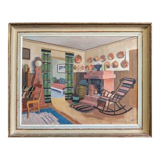 1941 Mid Century Modern 'The Family Sitting Room' Vintage Swedish Interior Oil Painting, Framed For Sale