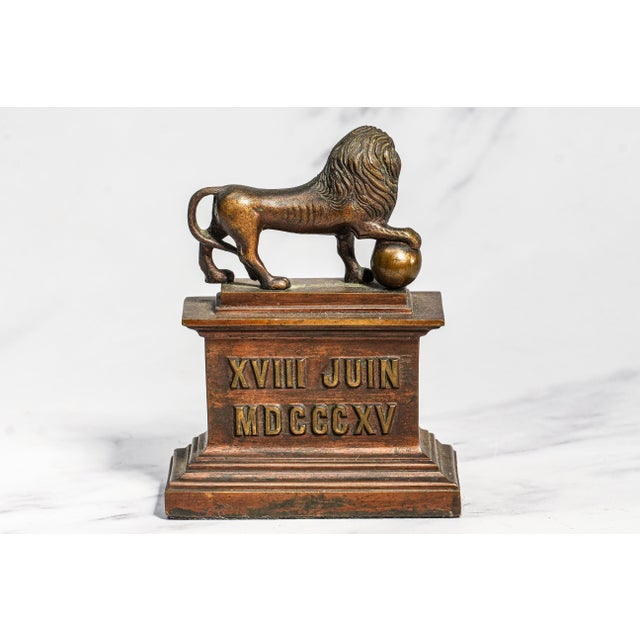 Brass Heavy 19th Century Miniature Model Antique Grand Tour Waterloo Lion Brass Souvenir Butte Du Lion Monument France Home Decor For Sale - Image 8 of 11