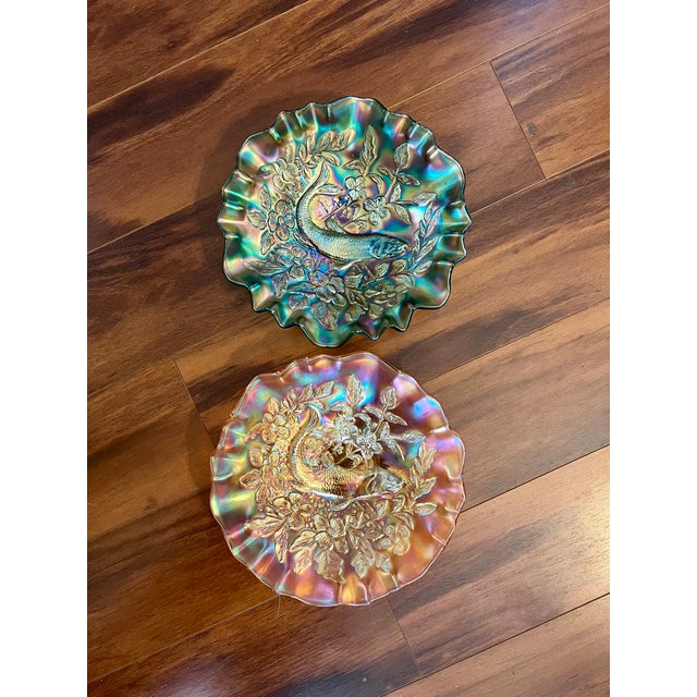 Antique Millersburg Trout & Fly Carnival Glass 3n1 Bowl, Radium Green and Marigold For Sale - Image 9 of 11