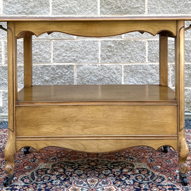Vintage French Louis Xv Blond Walnut 2 Drawer Drop Leaf Rolling Serving Cart or Bar Cart For Sale - Image 12 of 18