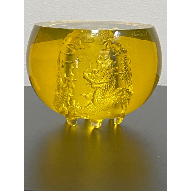 Yellow 2000 Heinrich Wang Liuli Crystal Dragon Rooster Bowl For Sale - Image 8 of 16