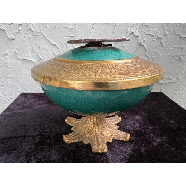 Teal Vintage Israeli Brass & Enameled Pedestal Bowl “God Bless Our Home – Jerusalem”, Circa 1960s For Sale - Image 8 of 11