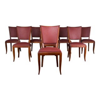 1930s Traditional French Art Deco Maple Red Vinyl Dining Chairs - Set of 9 For Sale