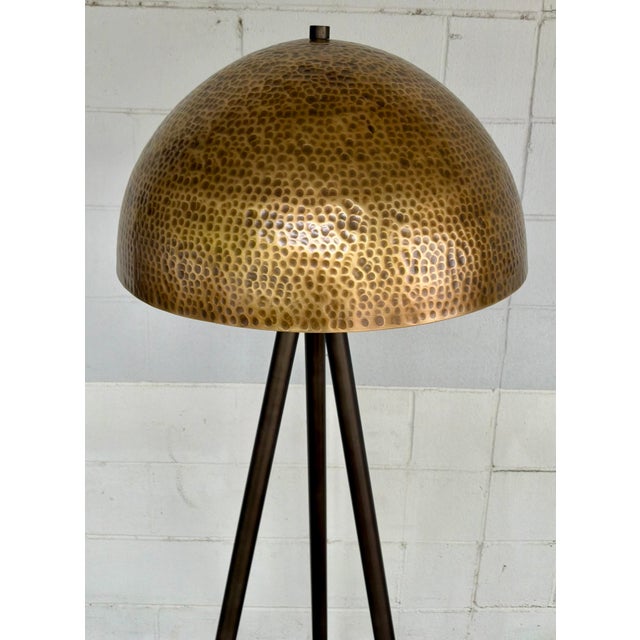 Original retail $1779, stylish Revelation Modern Hammered Antique Brass Tripod Hemi Floor Lamp, bronze legs with street...