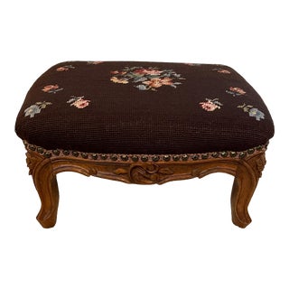 Antique Needlepoint Foot Stool. Floral With Brown Field. For Sale