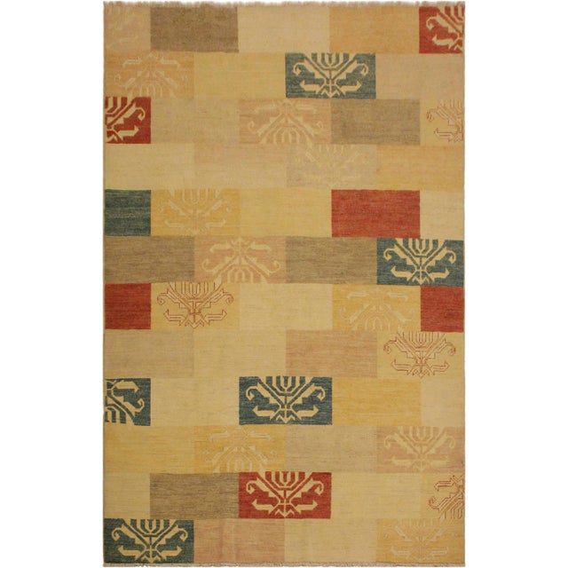 Tan 1990s Shabby Chic Kafkaz Tan/Red Wool Rug - 6'0 X 8'8 For Sale - Image 8 of 8