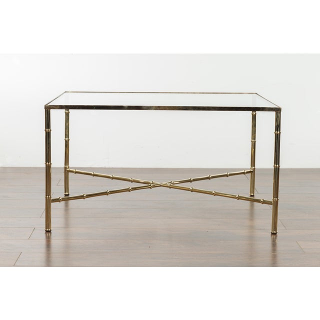 Italian Midcentury Brass Coffee Table with Glass Top and X-Form Cross Stretcher For Sale - Image 4 of 12