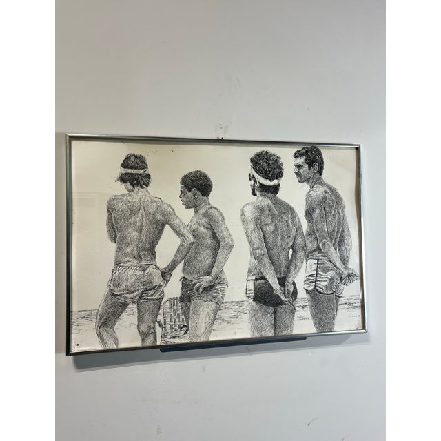 Fantastic depiction of life at the beach in the 70's. Pen and ink on board. Signed Bill Cantwell. Great period piece. Boys...