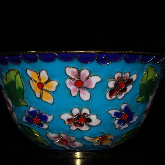 1990s Vintage Chinese Cloisonné Enamel Tea Bowl - Turquoise Ground With Peony & Floral Motif For Sale - Image 5 of 9