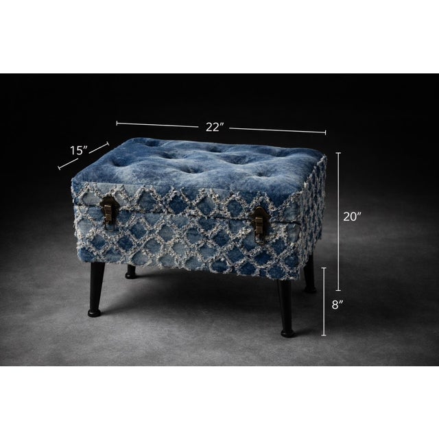 Shabby Chic Late 20th Century Indigo Tie-Dye Upholstered Ottoman / Footstool With Tufted Top and Distressed Textile Finish – Boho Accent Stool For Sale - Image 3 of 6