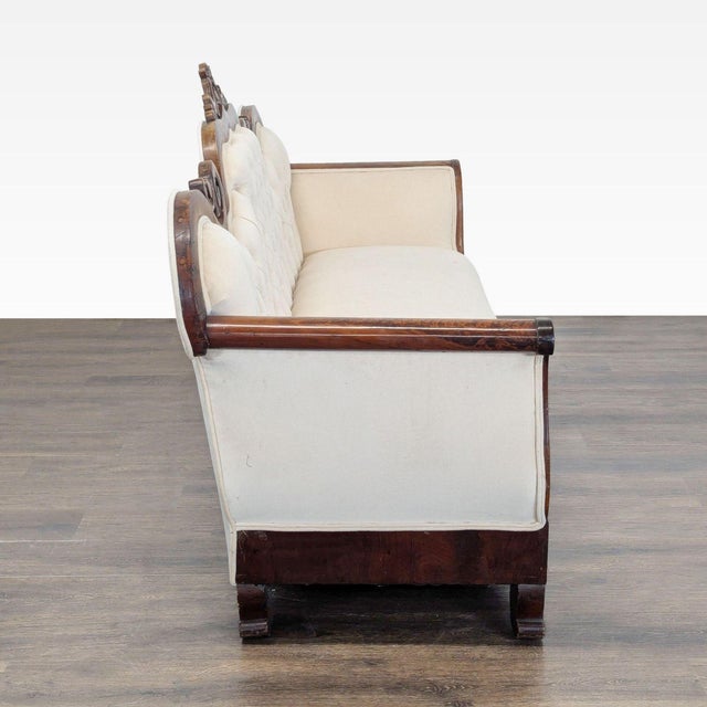 Antique 3-Seat Sofa With Carved Wood Frame and Cream Upholstery For Sale - Image 4 of 9