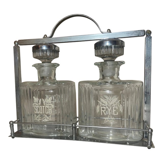 Vintage Mid Century Modern Glass Tantalus Decanter Scotch Rye Liquor Bottle Set - 3pcs For Sale