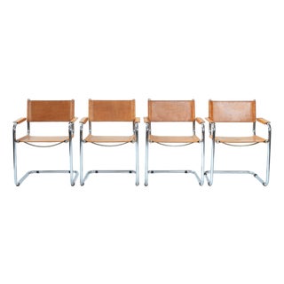 Mid-Century Modern Metal Cantilever in Cognac Brown Leather, 1970s, Set of 4 For Sale