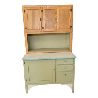 Antique Sellers "Kitcheneed" Hoosier Cabinet - Elwood, Indiana – Sage Green & Oak For Sale