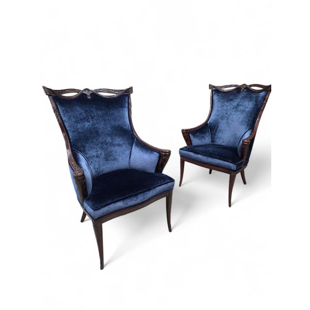 Vintage Regency Revival Style Carved Wingback Armchairs Attributed to Grossfeld House with Ottoman Newly Reupholstered –...
