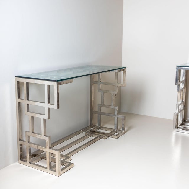 Late-20th Century Hollywood Regency Style Metal and Glass Consoles For Sale - Image 9 of 10