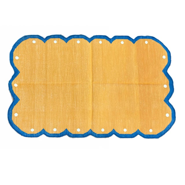 Not Yet Made - Made To Order Handmade Cotton Scalloped Rug Reversible Electric Yellow and Royal Blue Dhurrie-3'x5' For Sale - Image 11 of 11