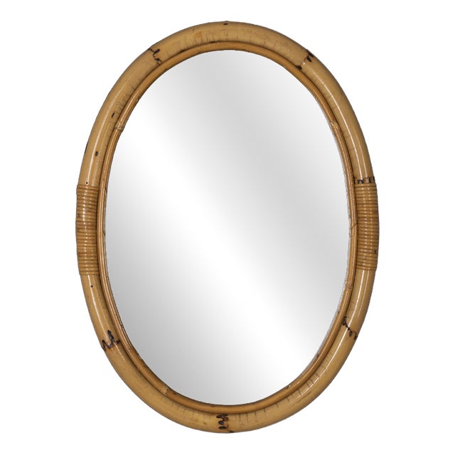 Vintage Oval Wall Mirror in Bamboo, Italy, 1960s For Sale