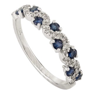 Natural Blue Sapphire & Diamond Wavy Half-Eternity Band Ring Size 5.5 in 14k Gold For Sale