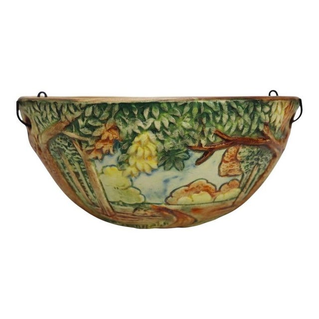 Weller Forest Woodcraft Arts and Crafts pottery hanging planter, circa 1920. The glazed earthenware bowl is decorated with...